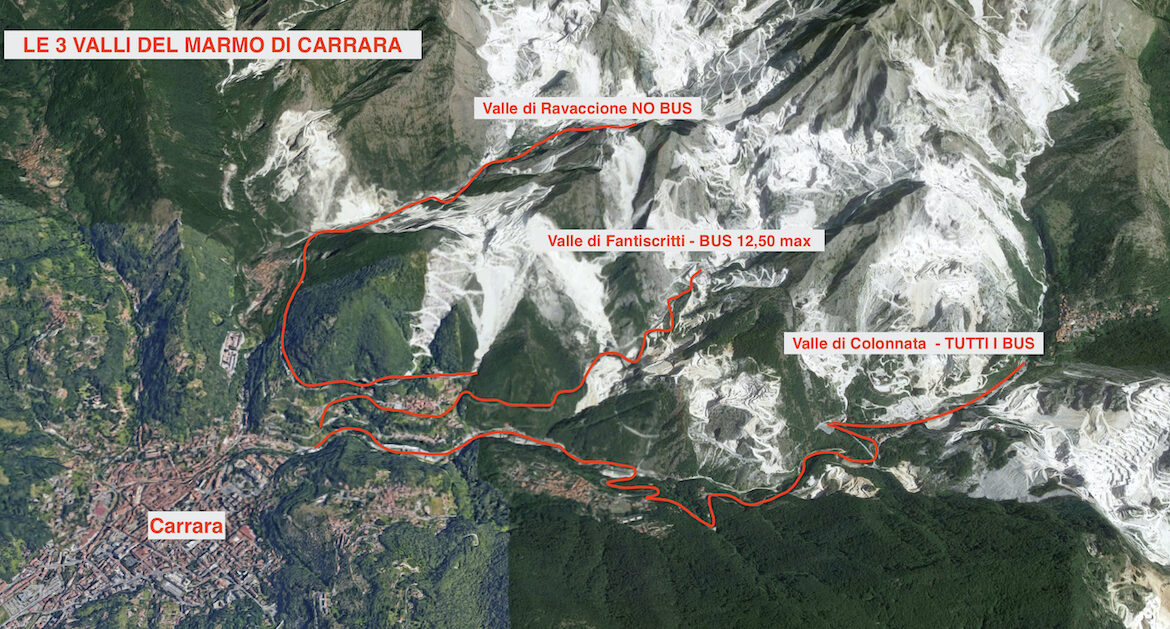 itineraries for tourist buses , map of the marble quarries