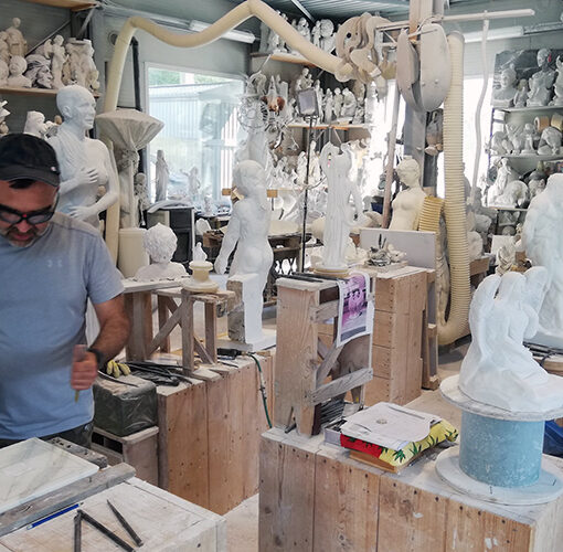 marble works and pluster models in a carrara marble workshop