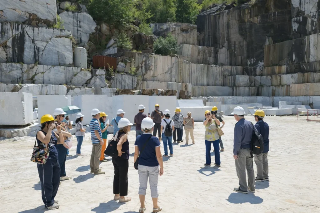 guida spiega al gruppo all'interno della cava di marmo